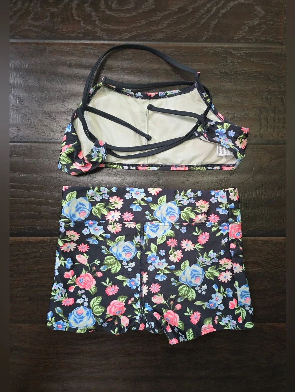 Art Class Girls Black Floral Bike Short 2 piece Swimsuit Large
